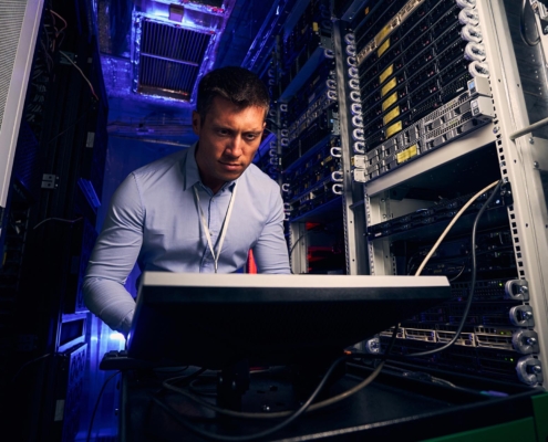 tech professional working in on-site data center