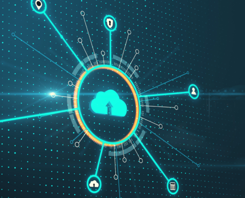 Cloud computing and storage concept with digital blue cloud sign in circle